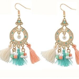 Gold and Blue Dangle Earrings with Tassels and Pearls​